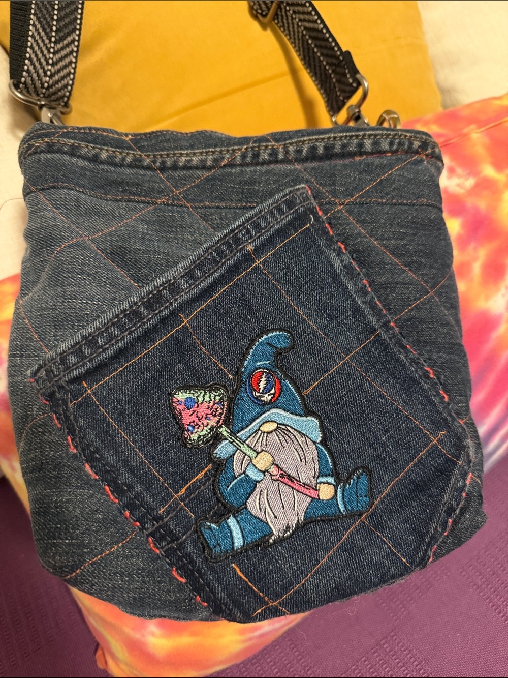 Grateful Dead! Handmade OOAK Denim embroidered GNOME MushroomCrossbody Bag - Picture 11 of 14